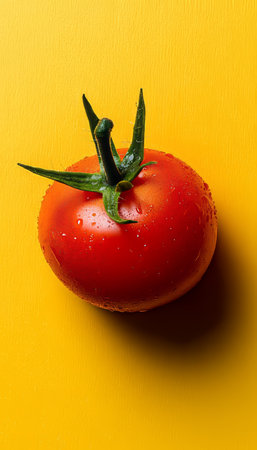 Ripe, Juicy Red Tomato, Culinary Backdrop, Freshly Picked, Vibrant Color Contrast, On Yellowの素材