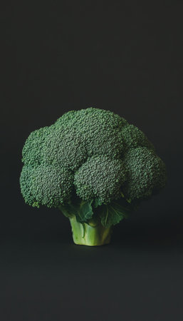 Isolated Head of Fresh, Vibrant Broccoli with Deep Green Tones and Rough Texture on Blackの素材
