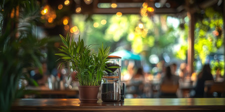 Bustling Coffee Shop, Out of Focus Background,, with Beautiful Interior Plants and Modern Glasswareの素材