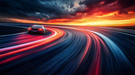Sports Car Speeding on a Race Track with Motion Blur, Creating Long Exposure Light Trails at Sunsetの素材