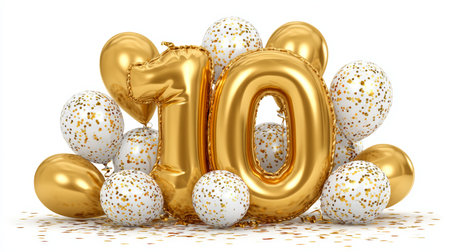 Golden Number 10 Balloons with Confetti for 10th Birthday or Anniversary Celebrationsの素材