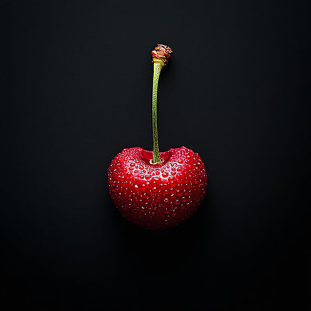 Single Vibrant Cherry, Glossy Red, Smooth Skin, Isolated on Black, Perfect Food Photographyの素材