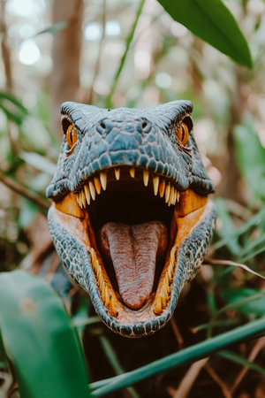 Prehistoric Predator Close-up of a Dinosaur with Mouth Wide Open, Surrounded by Lush Green Foliage.の素材