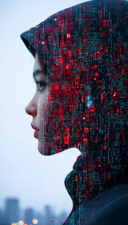 Double Exposure Portrait Young Woman Merges with Digital Code, Cybersecurity Conceptの素材