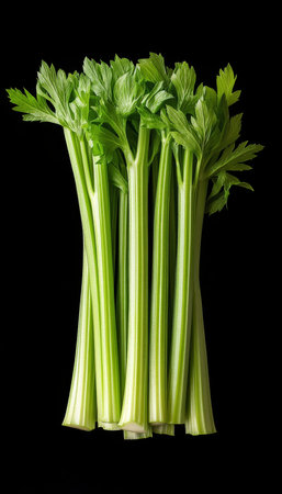 Fresh, Vibrant Celery Stalks Neatly Arranged and Isolated on a Striking Black Backgroundの素材