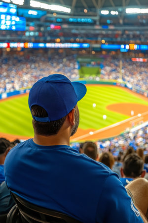 Fan at Crowded Stadium Man Watches Sports Game, Background Blur, Cap, Jersey, Copy Space.の素材