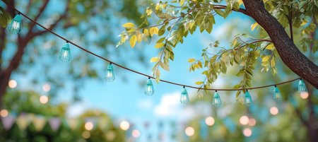 String Of Azure Blue Decorative Lanterns Against Sky Blue Blurred Bokeh With Celebration Feelの素材