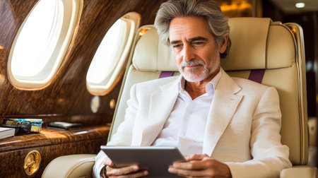 Stylish Senior Businessman Using Digital Tablet in Luxurious Private Jet, Enjoying Travel Amenitiesの素材