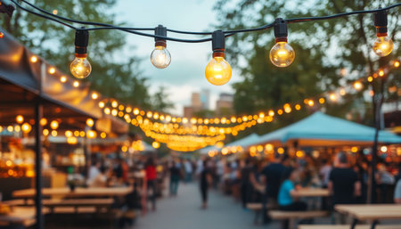 Outdoor Summer Festival String Lights, Food Stalls, and Blurred People, Evening Atmosphereの素材