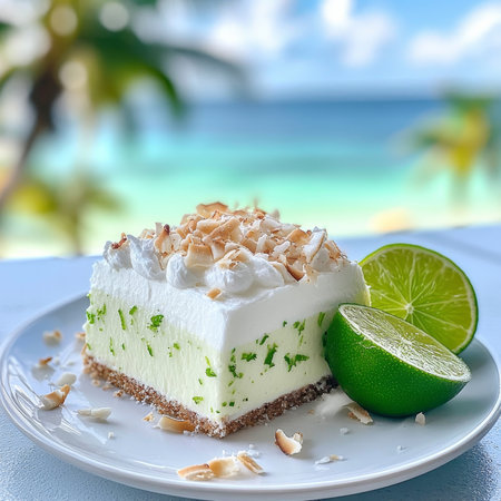Tropical Coconut Lime Cake Slice, Topped with Toasted Coconut and Lime Zest, Ocean Backgroundの素材