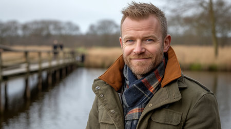 Smiling Man at a Nature Reserve, Copy Space Background With Blurred Wooden Walkway and Lakeの素材