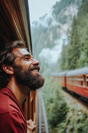 Joyful Man on Scenic Train Journey Through Lush Green Mountains, Discovering the Beauty of Natureの素材