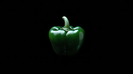 Green Bell Pepper, Isolated on Black Background, Vibrant Color, Glossy Skin, Fresh Produceの素材