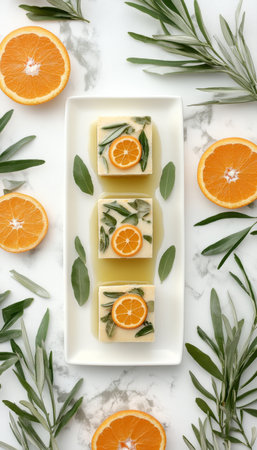 Three Slices of Citrus Cake with Olive Oil, Topped with Orange Slices and Fresh Herbs.の素材