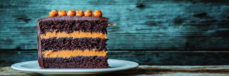 Decadent Chocolate Peanut Butter Cake Slice with Festive Candy Toppings, Rustic Backdropの素材
