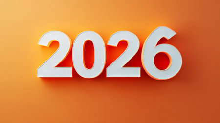 3D Rendering of Bold White 2026 Numbers Against a Minimalist Bright Orange Background.の素材