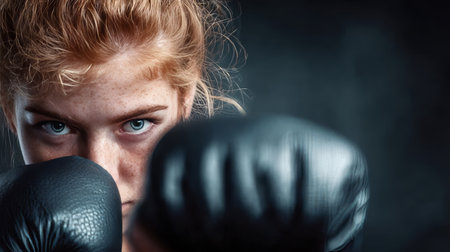 Determined Female Boxer With Freckles Focused And Ready To Punch In A Defensive Stance With Bgの素材