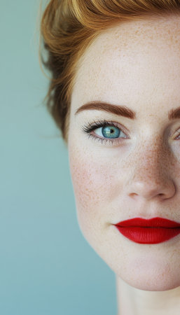 Portrait of a Beautiful Redhead Woman with Freckles and Red Lips on a Blue Backgroundの素材