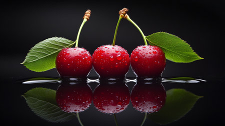 Three Vibrant, Glossy Red Cherries on Stems Against Black Background With Reflection.の素材