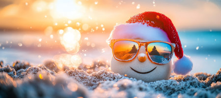 Smiling Sand Snowman with Santa Hat, Sunglasses on Tropical Beach Christmas Celebrationの素材