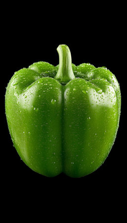 Vibrant Green Bell Pepper, Isolated on Black. Glossy Skin, Fresh Green Pepper, Raw Ingredientの素材