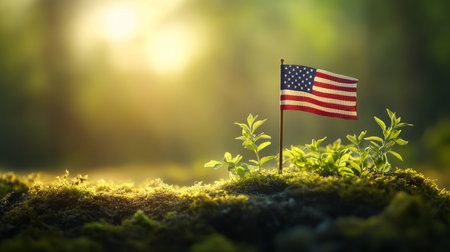 American Flag on Mossy Ground with Sunlight, Representing Memorial Day or Veterans Dayの素材