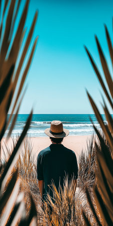 Rear, View Of A Man In Straw Hat Enjoys Ocean View Between Tropical Palm Trees At Sandy Beachの素材