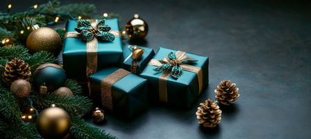 Elegant Turquoise and Gold Christmas Gifts on Dark Background, Fir Branches, and Festive Decorationsの素材