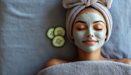 Serene Woman Indulging in DIY Spa Day with Clay Mask and Fresh Cucumber, Embracing Relaxationの素材