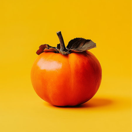 Ripe Persimmon on Vibrant Yellow Background, Isolated Orange Fruit with Glossy Skin and Leafの素材