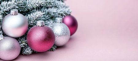 Christmas Background With Snowy Tree And Burgundy, Pink And Silver Baubles, Horizontalの素材