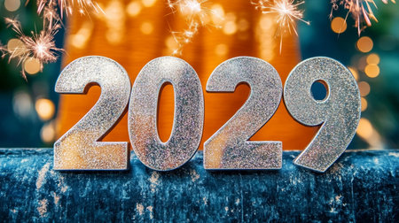 New Year 2029 Celebrations with Silver Numerals against Orange Twinkling Bokeh Backgroundの素材