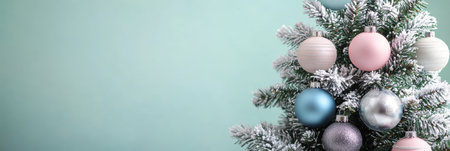 Beautiful Frosted Christmas Tree, Decorated with Silver and Blue Baubles, Holiday Backgroundの素材