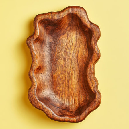 Rustic Wooden Bowl, with Unique, Abstract, and Organic Edges. Isolated on Yellow Background.の素材