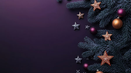 Christmas Background, Fir Tree Branches Decorated With Stars And Balls On Deep Magentaの素材