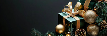 Elegant Christmas Presents with Golden Decorations and Pine Branches on a Dark Backgroundの素材