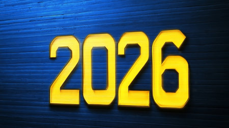 2026 Neon Sign on Vibrant Blue Textured Brick Wall, Happy New Year Concept, Festive Backgroundの素材