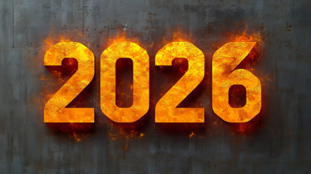 Fiery Year 2026 Emblazoned on Grunge Background, New Year Concept with a Burning Text Effect.の素材