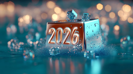 Metallic 2026 New Year Design on Vibrant Teal Background With Festive Bokeh and Ice Effectの素材