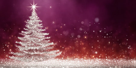 Silver Glitter Christmas Tree With Purple Lights. Elegant Holiday Season Card Background.の素材