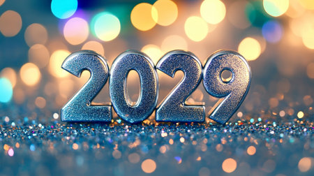 Silver 2029 Numbers on Glittering Blue Background with Festive Bokeh, New Year Celebration Conceptの素材