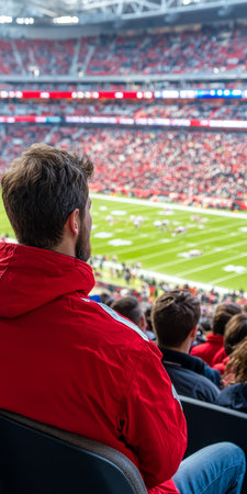 Man Watching Game at Crowded Stadium, Sports Fan Enjoying Match, Empty Space for Textの素材