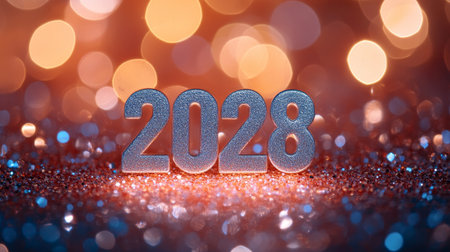 Shiny Metallic Silver Number 2028 on a Sparkling, Glittering Background for New Year s Celebrationsの素材