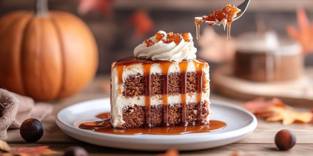 Close-Up Autumn Spice Cake Slice, Whipped Cream, Caramel Drizzle, White Plate, Rustic Settingの素材