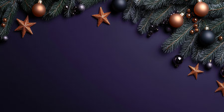 Christmas Tree Branches Decorated with Ornaments on a Deep Purple Background with Copy Spaceの素材