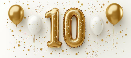Golden Number 10 Balloons With Confetti, Birthday Celebration Backdrop, Party Event Decorationの素材