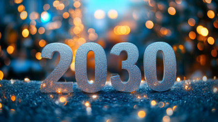 2030 New Year Silver Numbers on Sparkling Blue and Gold Background with Festive Bokeh Lightsの素材