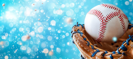Baseball Glove Catching a Baseball, Defocused Blue Glitter Background With Copy Space.の素材
