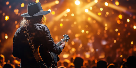 Silhouette Of Musician With Hat Playing Guitar On Stage At Music Festival, Back View, Copy Spaceの素材