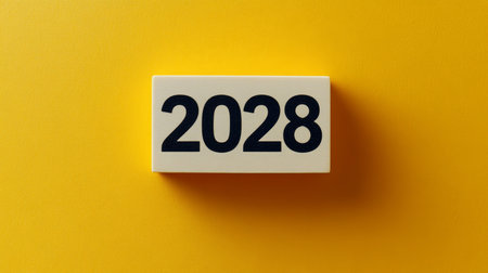 Year 2028 Numbers on Wooden Cubes Against a Vibrant Yellow Backdrop, New Year Conceptの素材